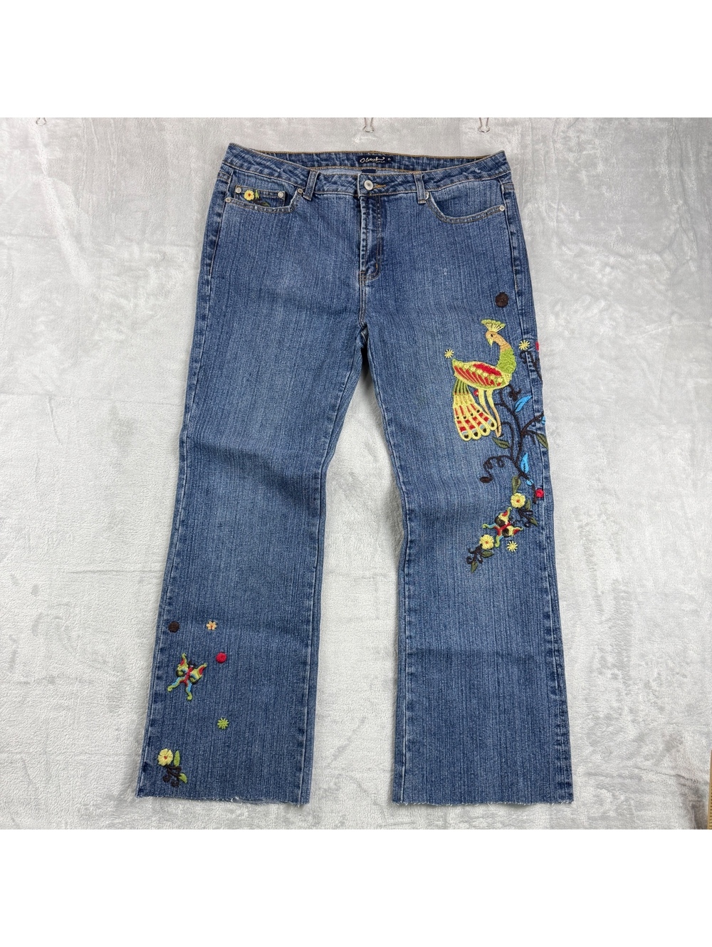 Y2K Cladol Womens XL Embroidered Peacock Jeans Blue Flare Bootcut Floral Boho